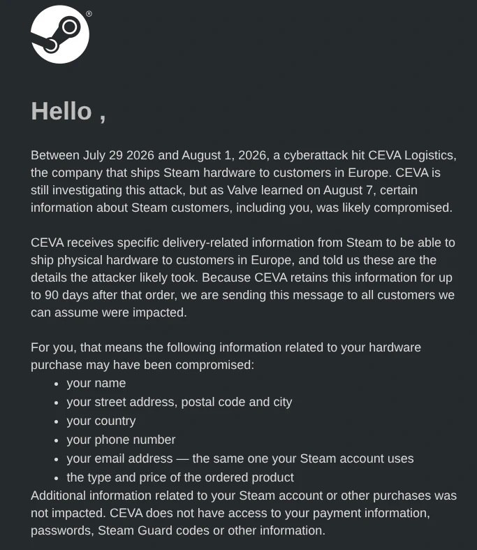 VALVE ALERTA CLIENTES EUROPEUS SOBRE VAZAMENTO DE DADOS APÓS ATAQUE CIBERNÉTICO À PARCEIRA LOGÍSTICA CEVA