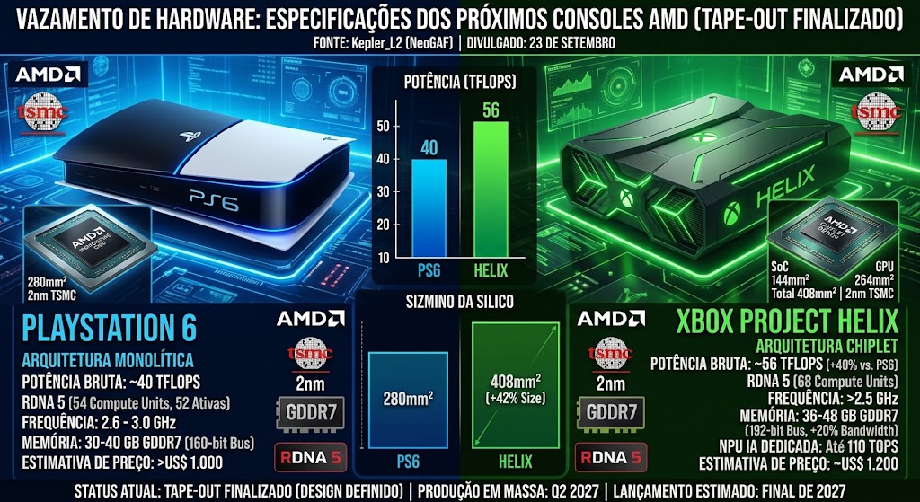 VAZAMENTO REVELA QUE XBOX HELIX TERÁ 40% MAIS PODER BRUTO QUE O PS6, COM 56 TFLOPS CONTRA 40 TFLOPS