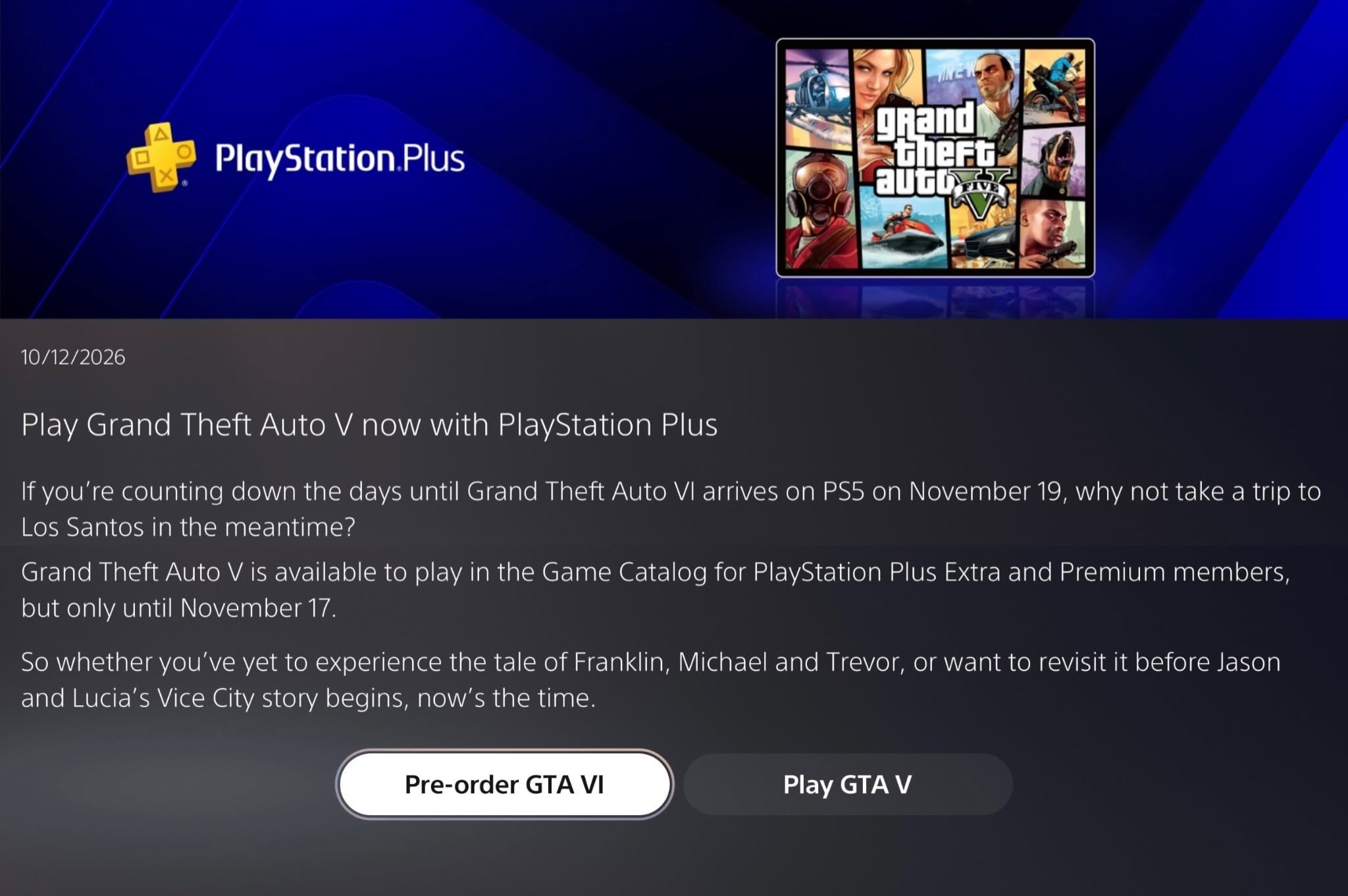 SONY VAI REMOVER GTA V DO PS PLUS DOIS DIAS ANTES DO LANÇAMENTO DE GTA VI E MENSAGEM AOS ASSINANTES DIZ: "AGORA É A HORA"